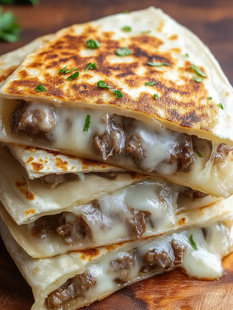 A stack of steak cheese quesadillas on a blackstone.