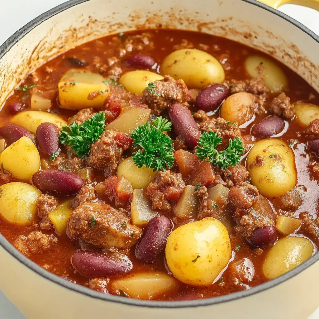 A bowl of cowboy stew with meat, potatoes, and beans.