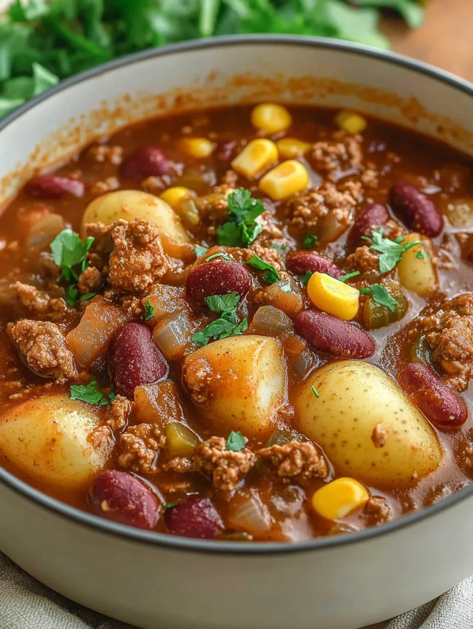 A bowl of cowboy stew with meat, potatoes, and vegetables.