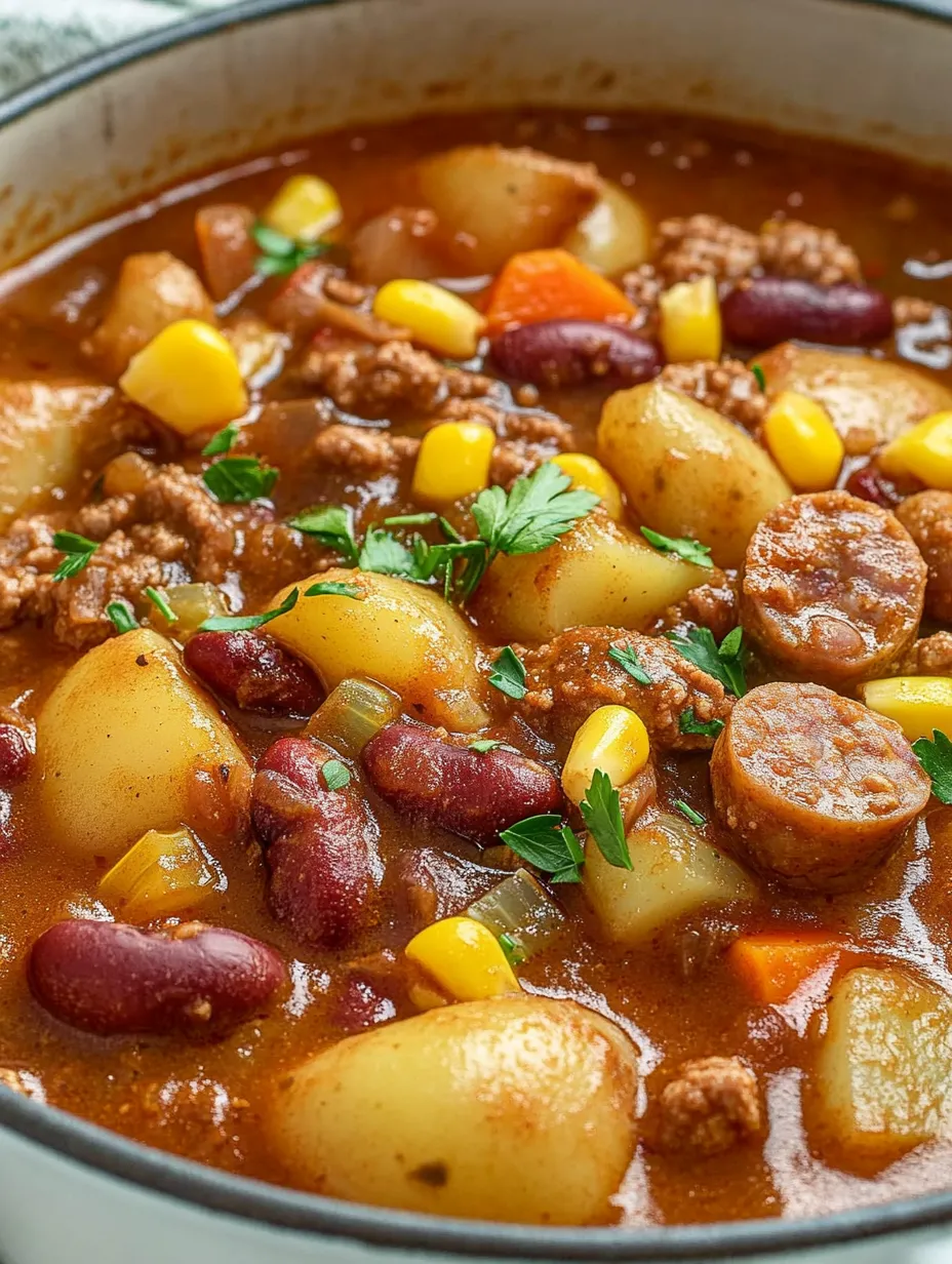 A bowl of cowboy stew with meat, potatoes, and vegetables.