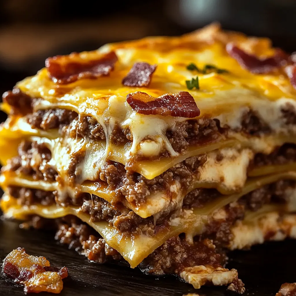 A stack of burger patties with bacon on top.