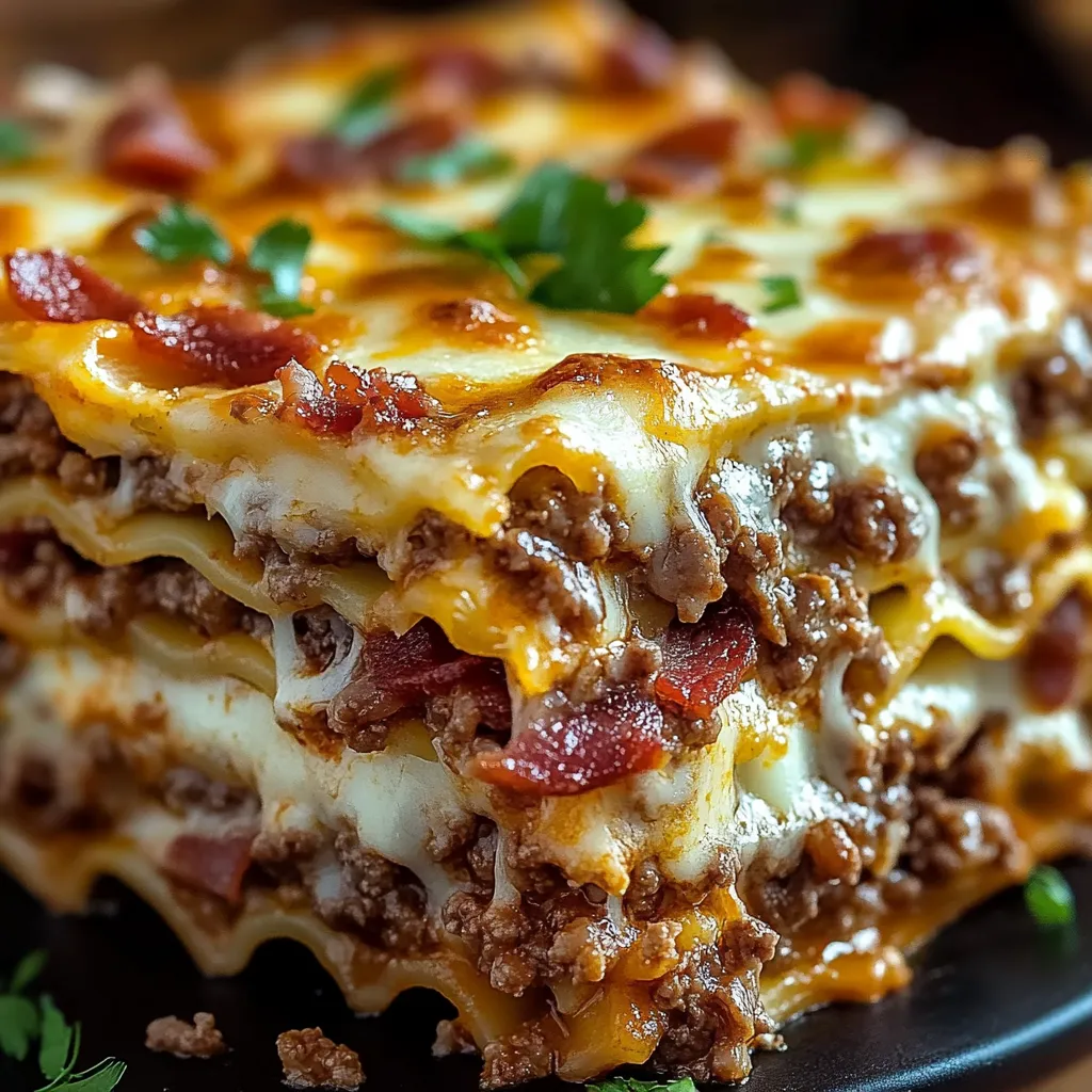 A stack of burger patties with cheese and bacon.