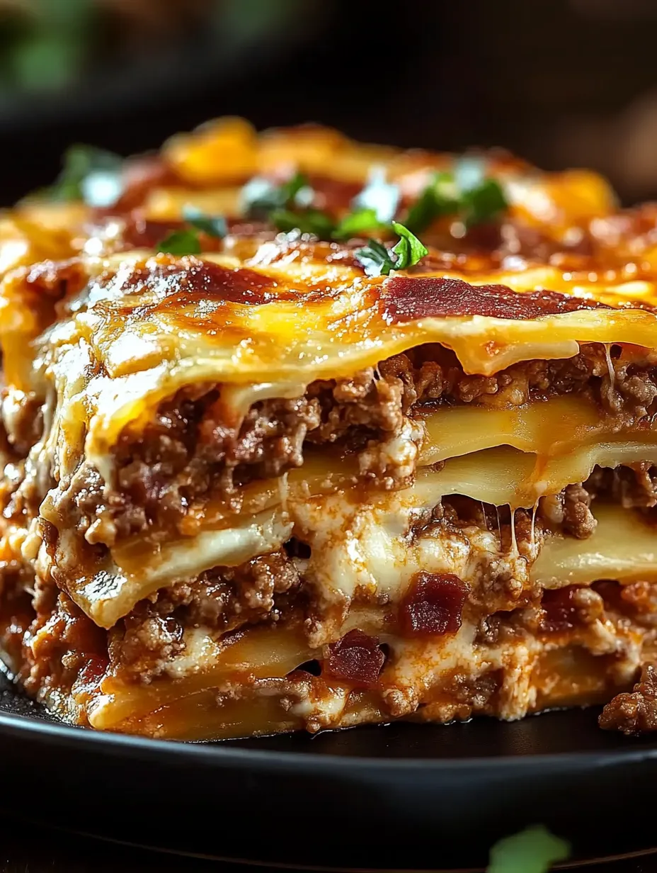 A stack of burger patties with cheese and vegetables.