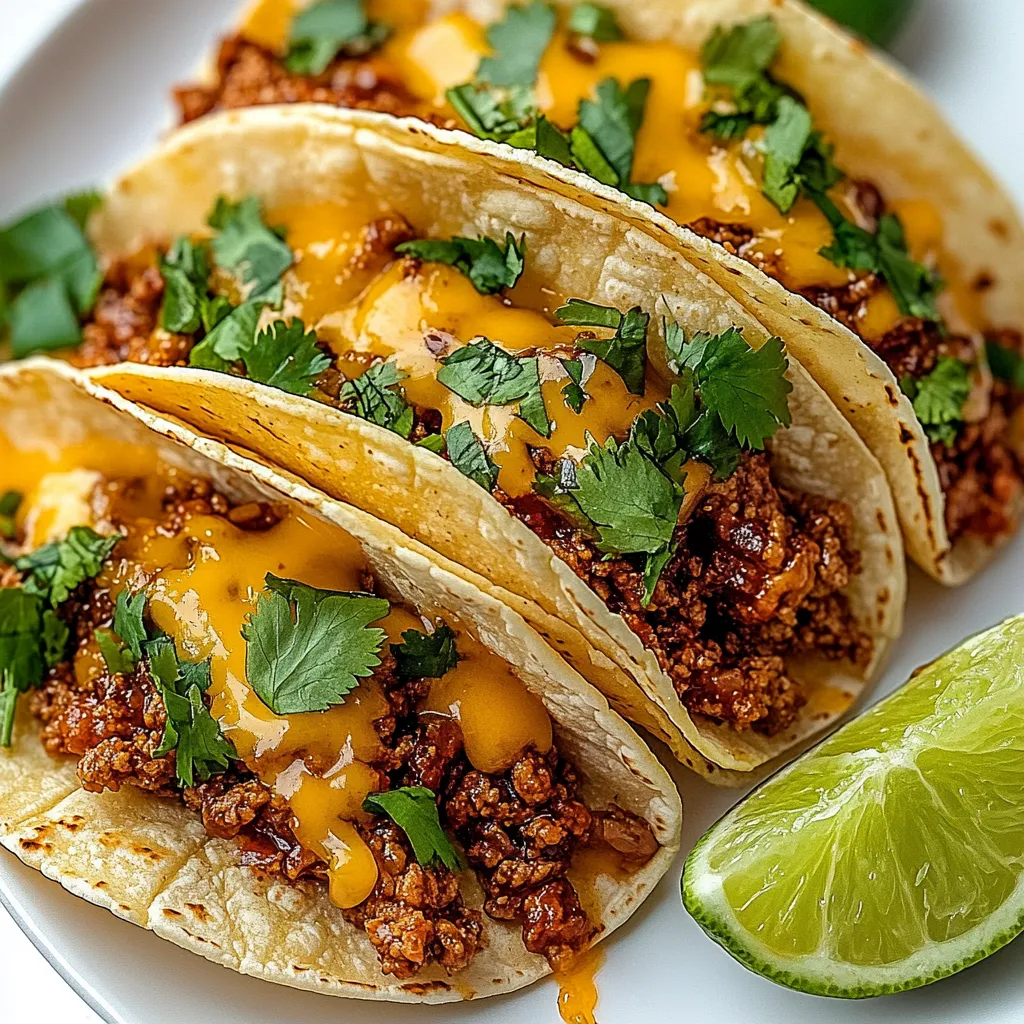 A plate of beef tacos with cheese and honey.