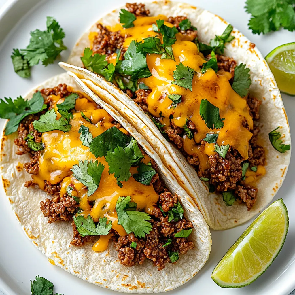 Two tacos with meat and cheese.