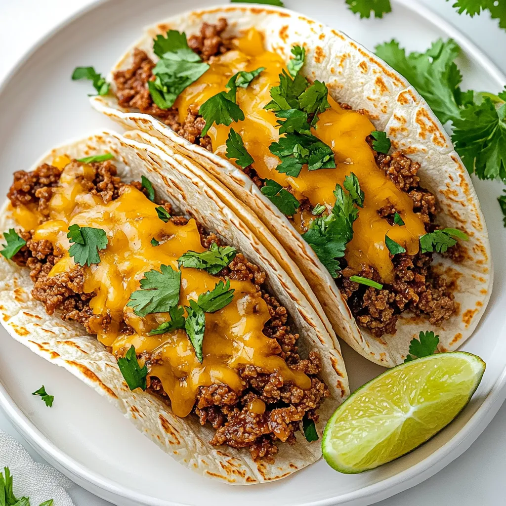 Two tacos with meat and cheese on a plate.