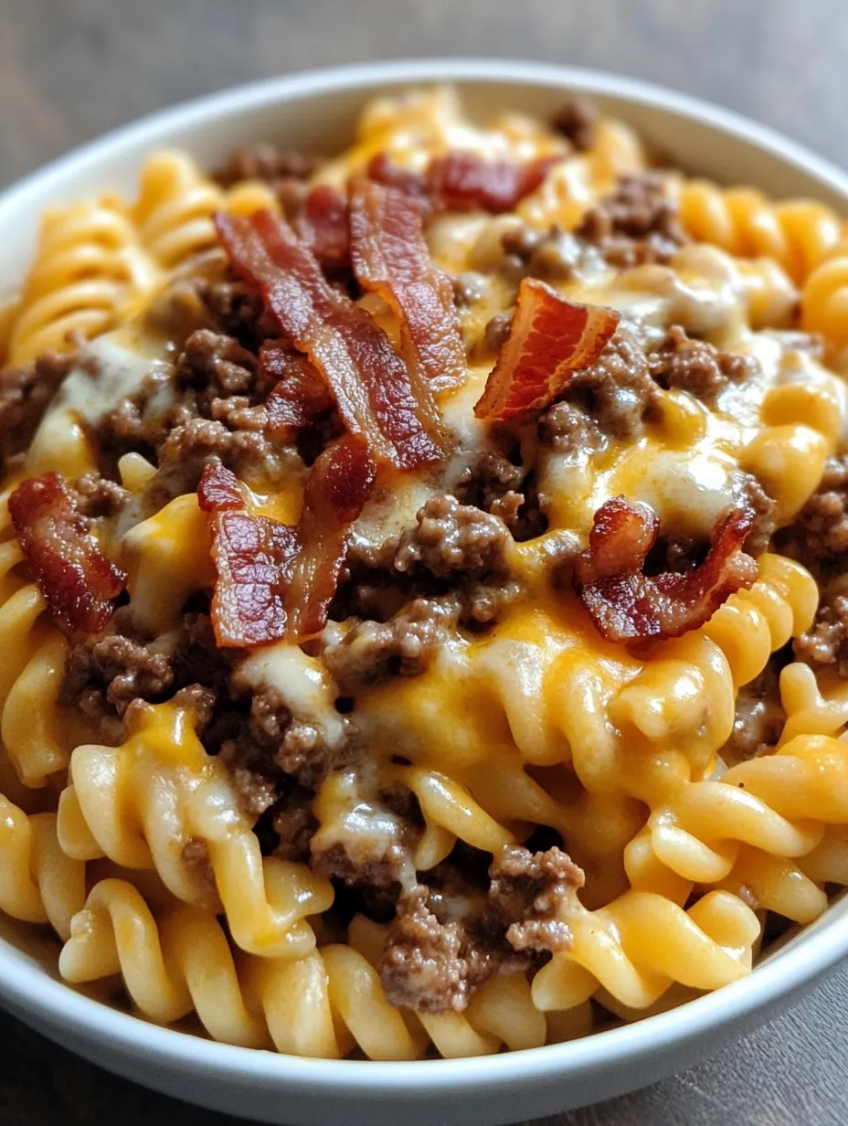A bowl of pasta with bacon and cheese.