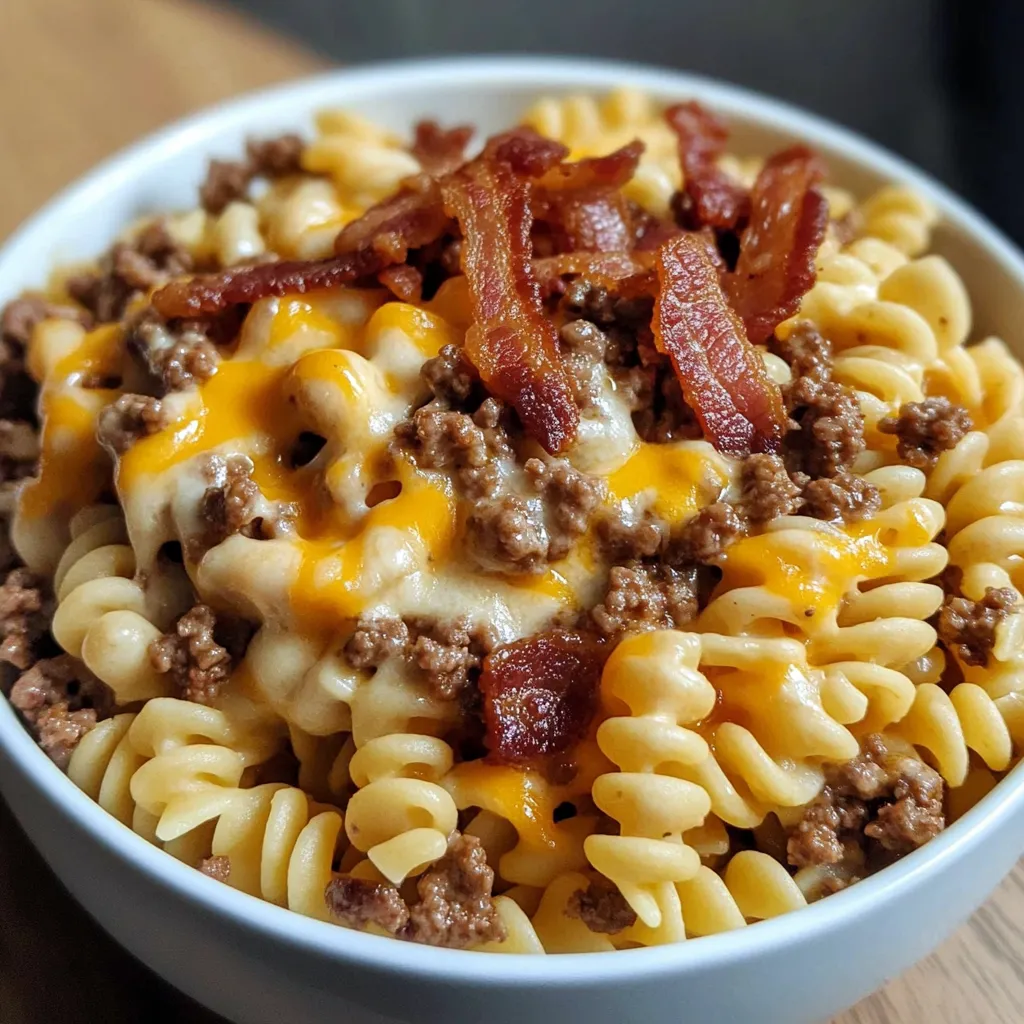 A bowl of pasta with bacon and cheese.