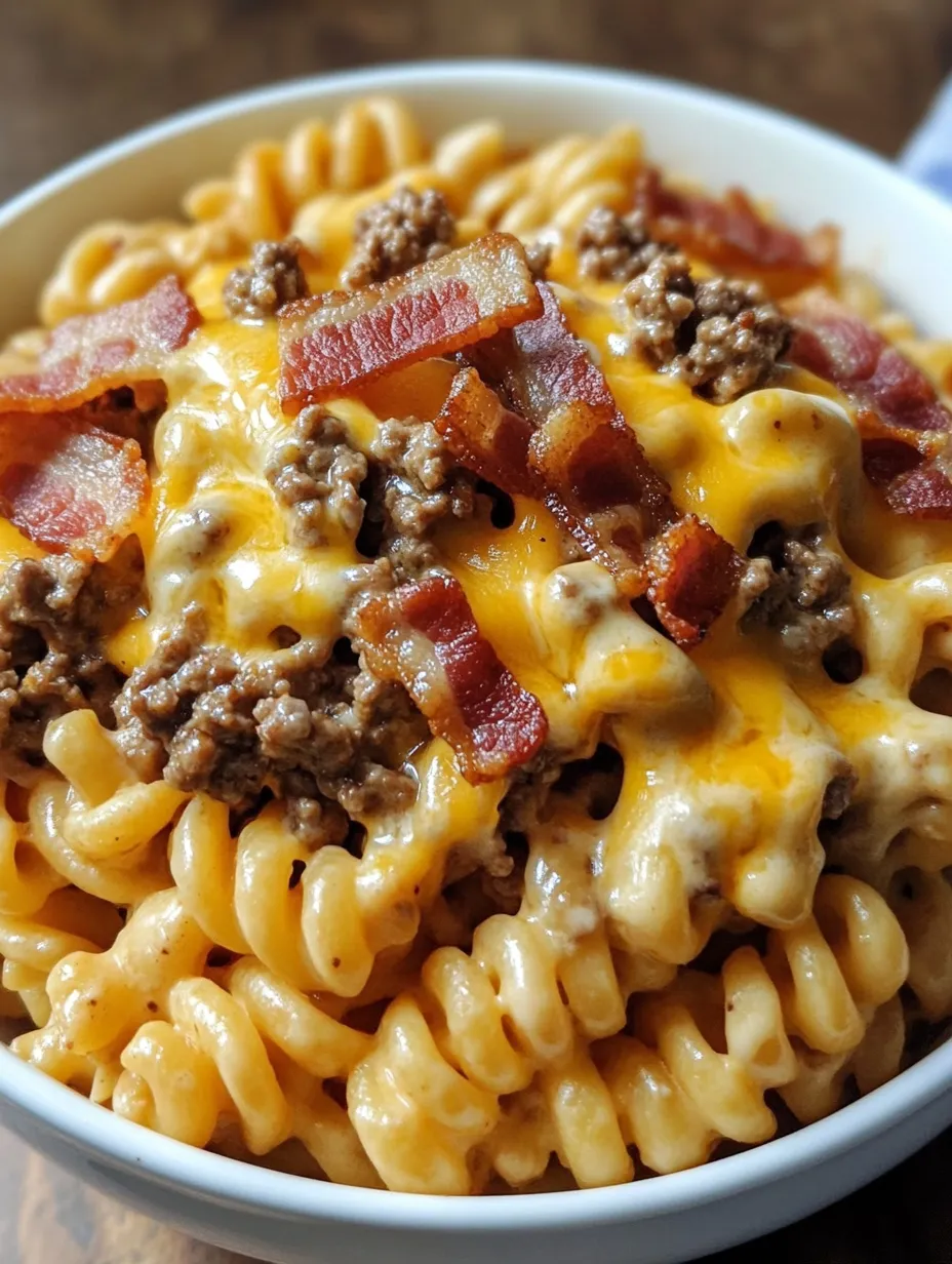 A bowl of pasta with bacon and cheese.