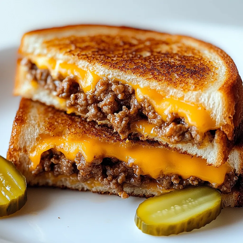 A grilled cheese patty melt with pickles on the side.