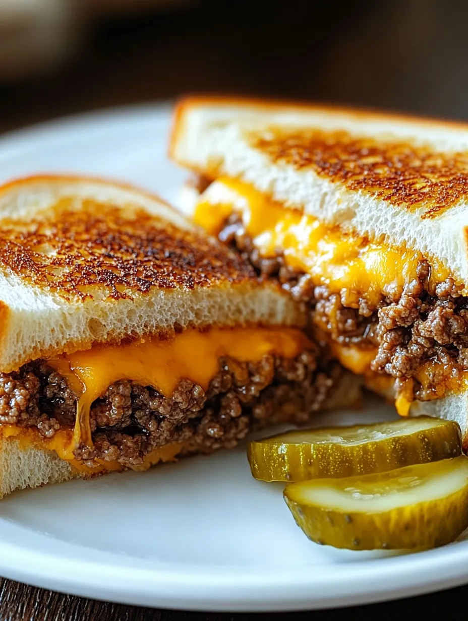 A grilled cheese patty melt with pickles on the side.