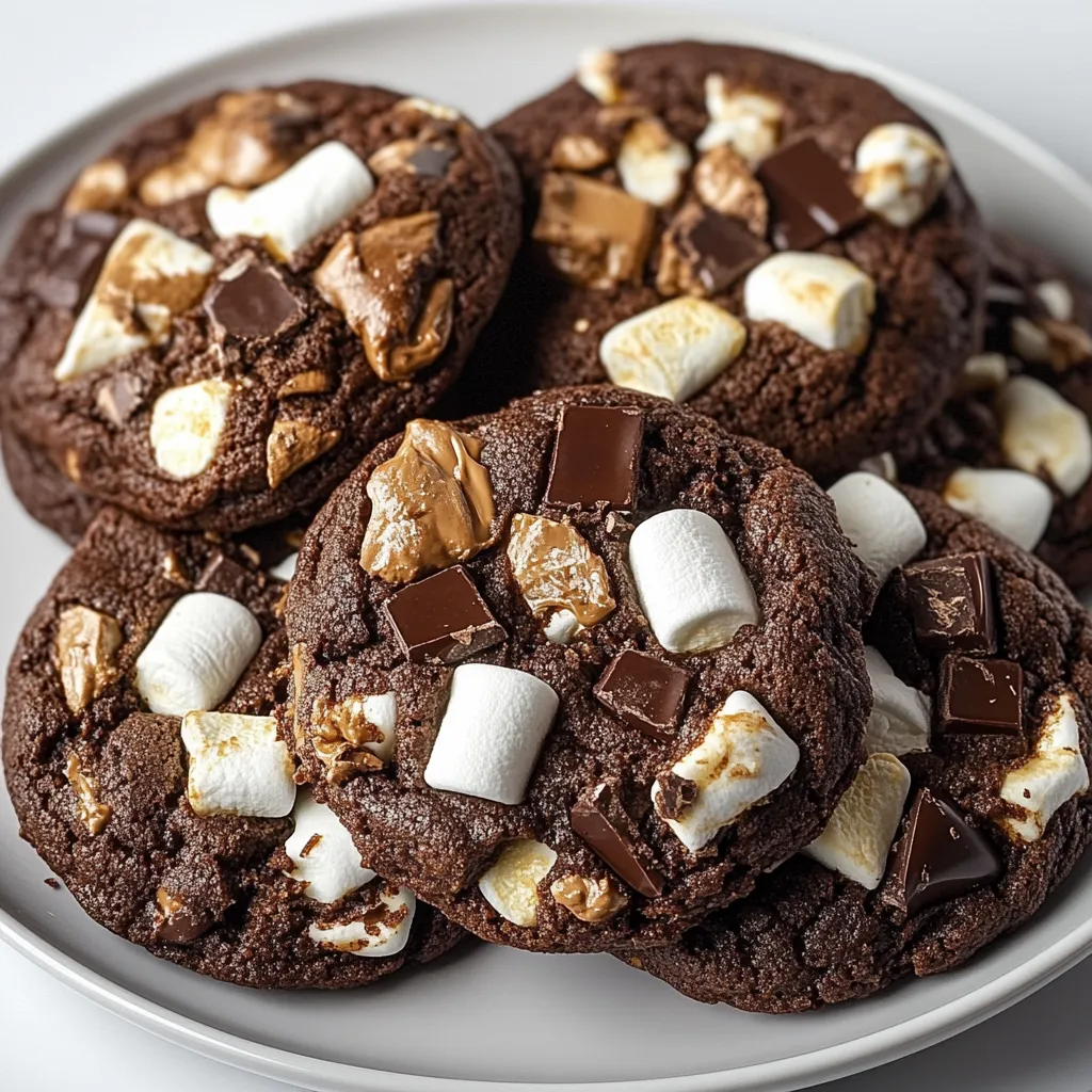 A plate of chocolate chip cookies with marshmallows.