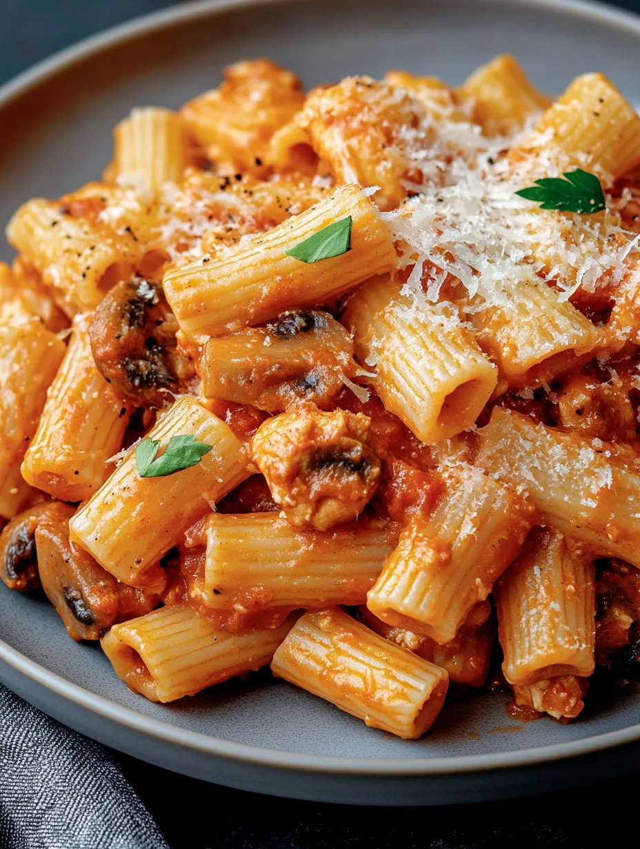 A plate of pasta with chicken and chorizo.