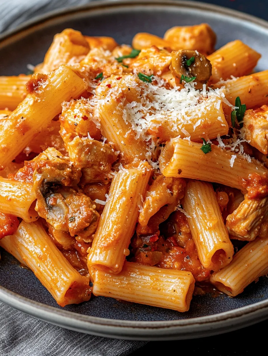 A plate of pasta with chicken and chorizo.