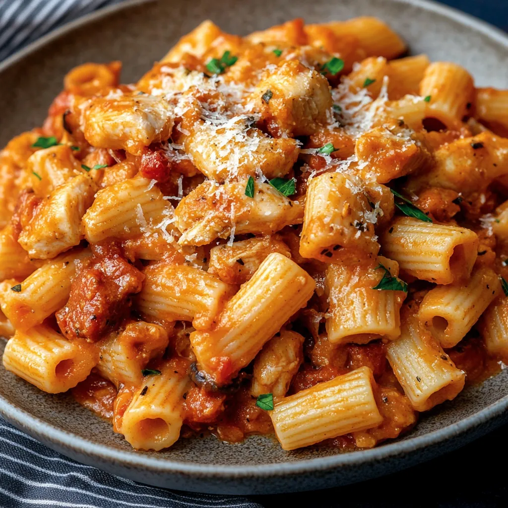 A bowl of creamy chicken and chorizo pasta.