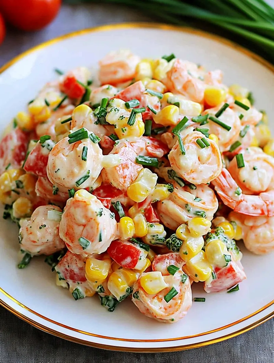 A plate of shrimp and corn pasta salad.