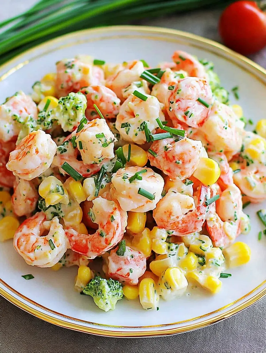 A plate of shrimp and corn pasta salad.