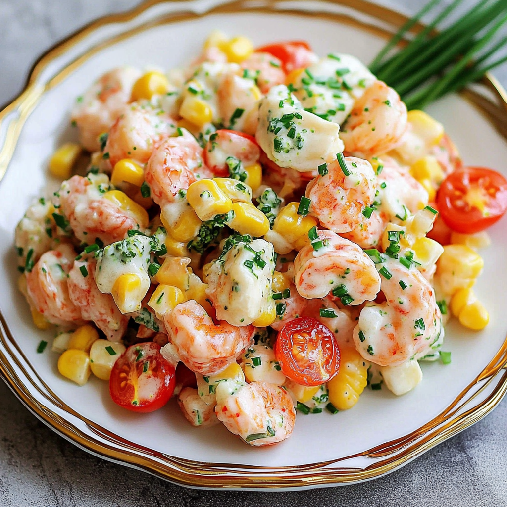 A plate of creamy shrimp and corn pasta salad.