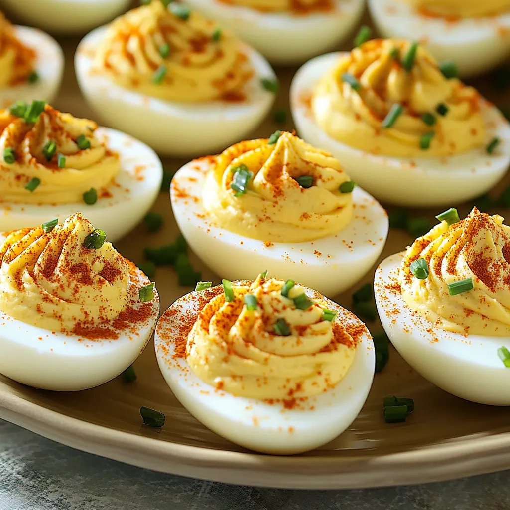 A plate of deviled eggs with a spicy bacon topping.