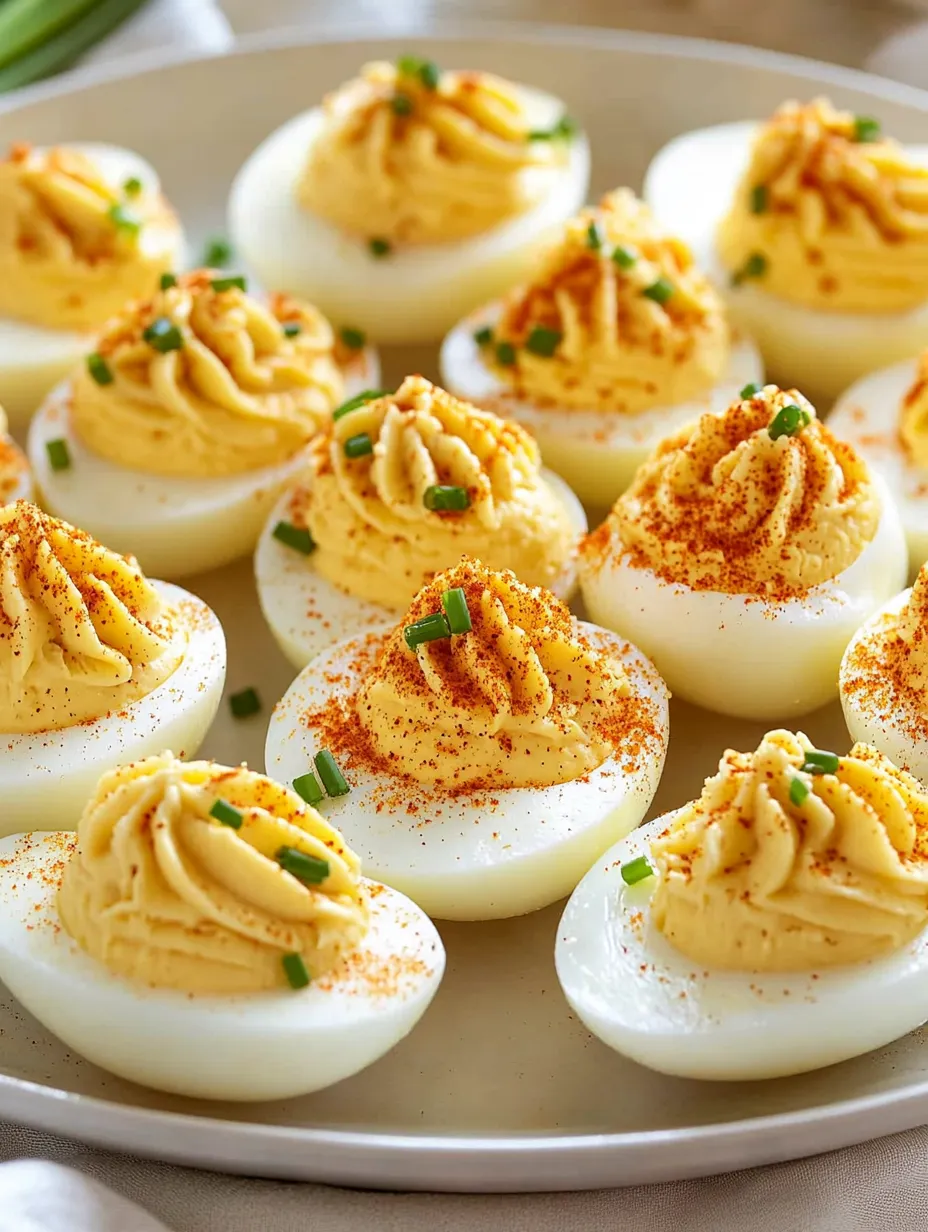A plate of deviled eggs with a spicy bacon topping.