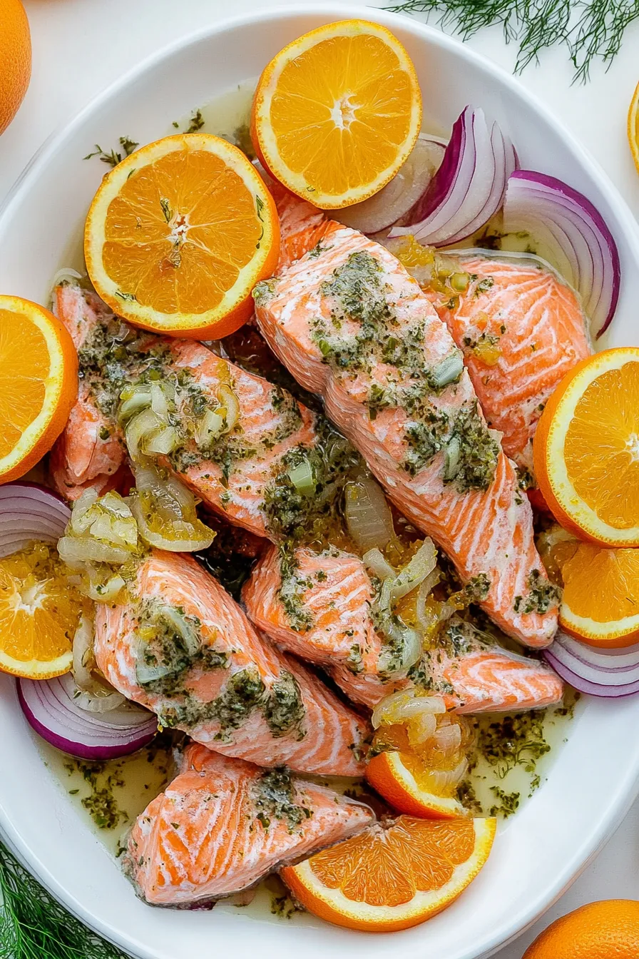 Slow roasted salmon with citrus and fennel.