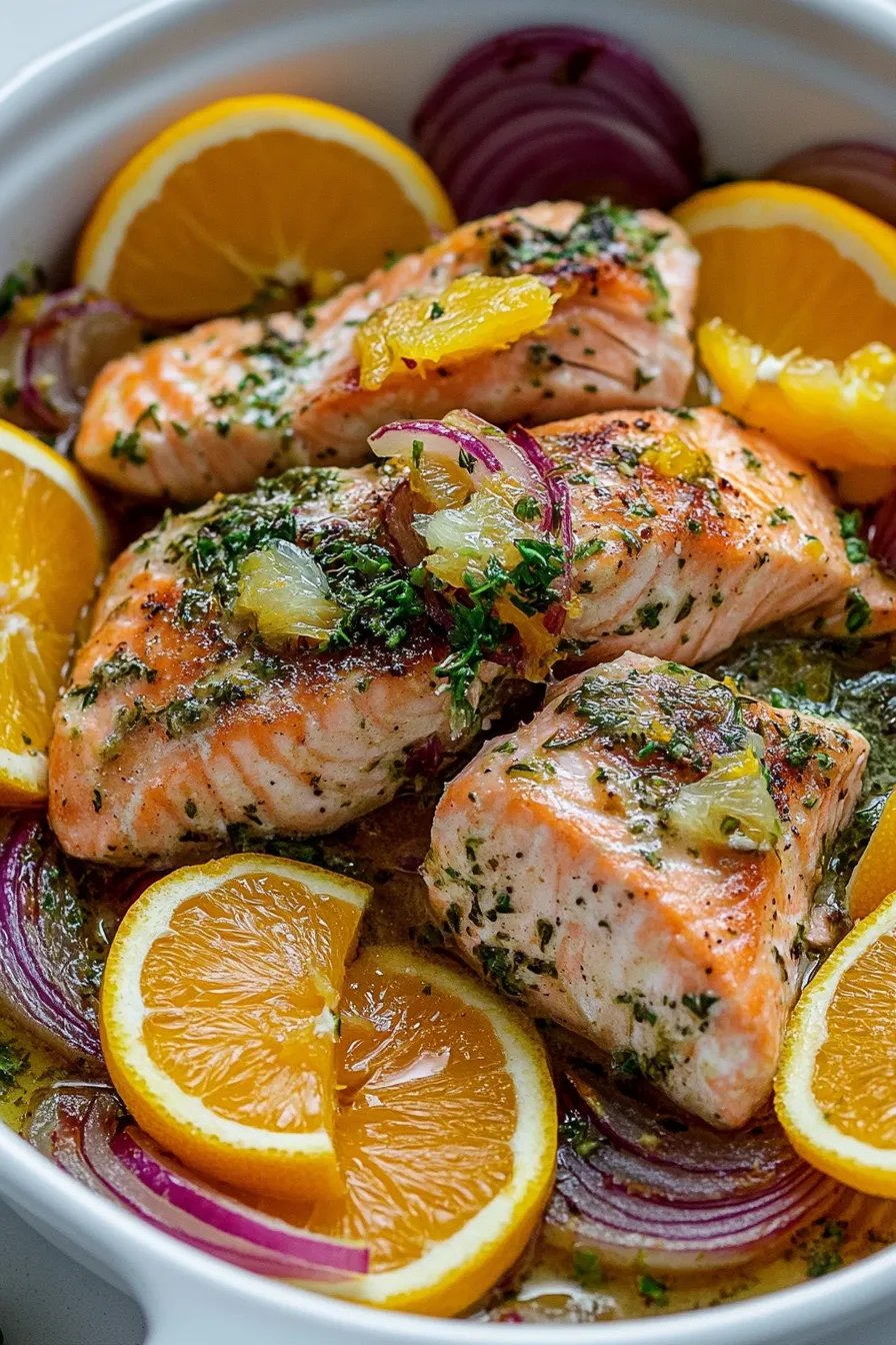 Slow roasted salmon with citrus and fennel.
