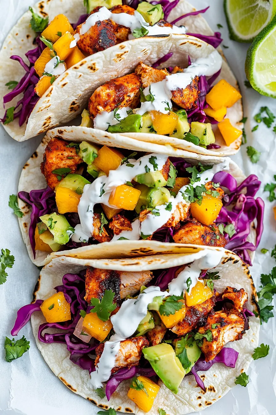 A plate of salmon tacos with mango salsa.