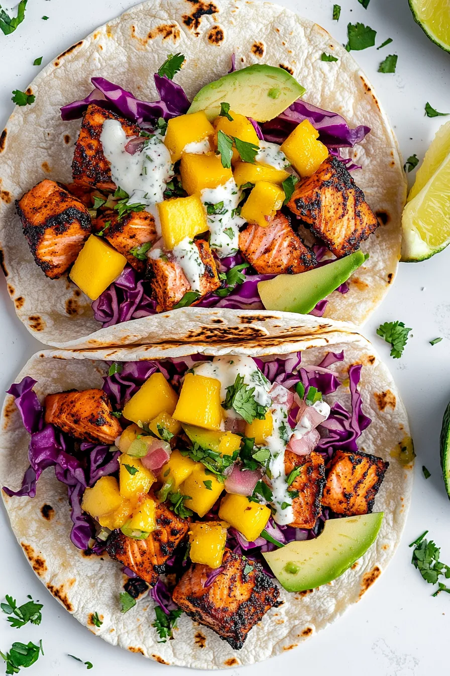 Two tacos filled with salmon and mango salsa.