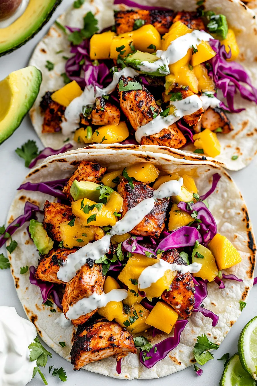 A plate of salmon tacos with mango salsa.