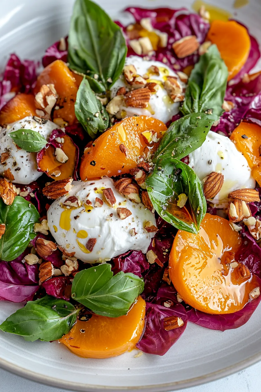 A salad with persimmons, spinach, and cheese.