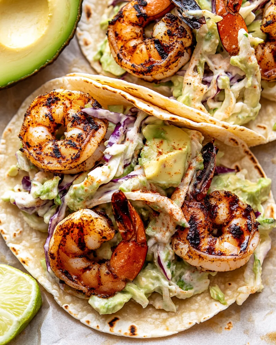 A close up of a small batch grilled shrimp taco.