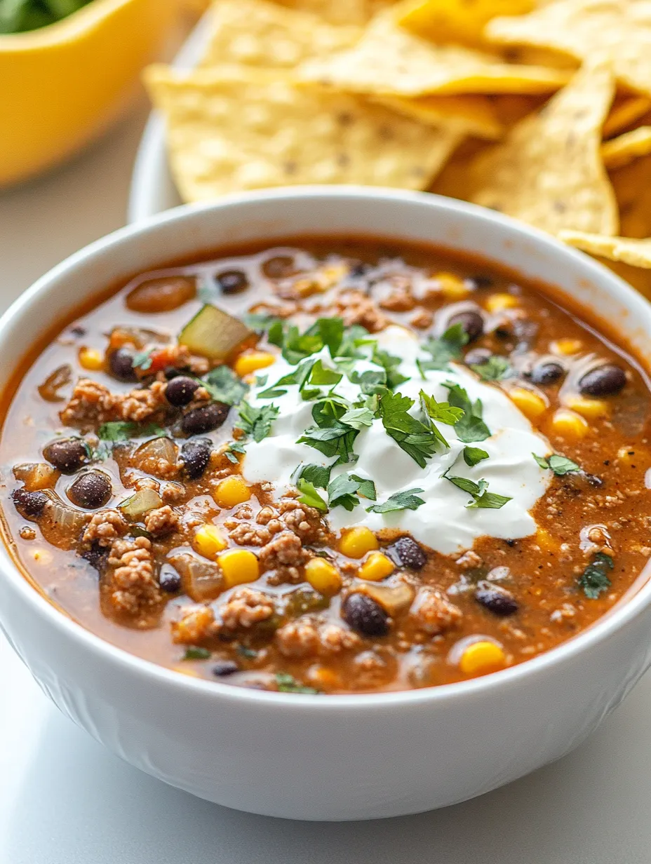 A bowl of ground beef taco soup with black beans.