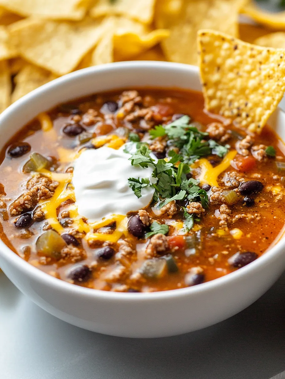 A bowl of ground beef taco soup with black beans.