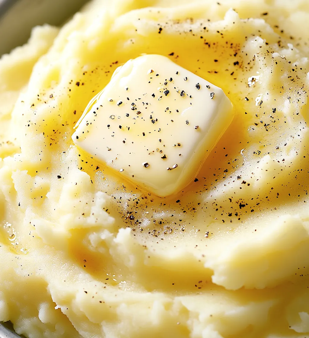 A white piece of butter on top of mashed potatoes.