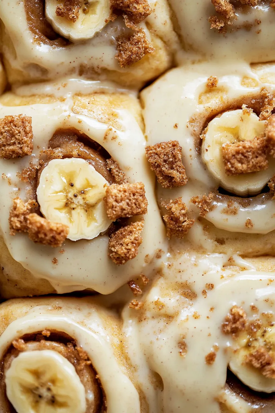 A cinnamon roll with bananas on top.