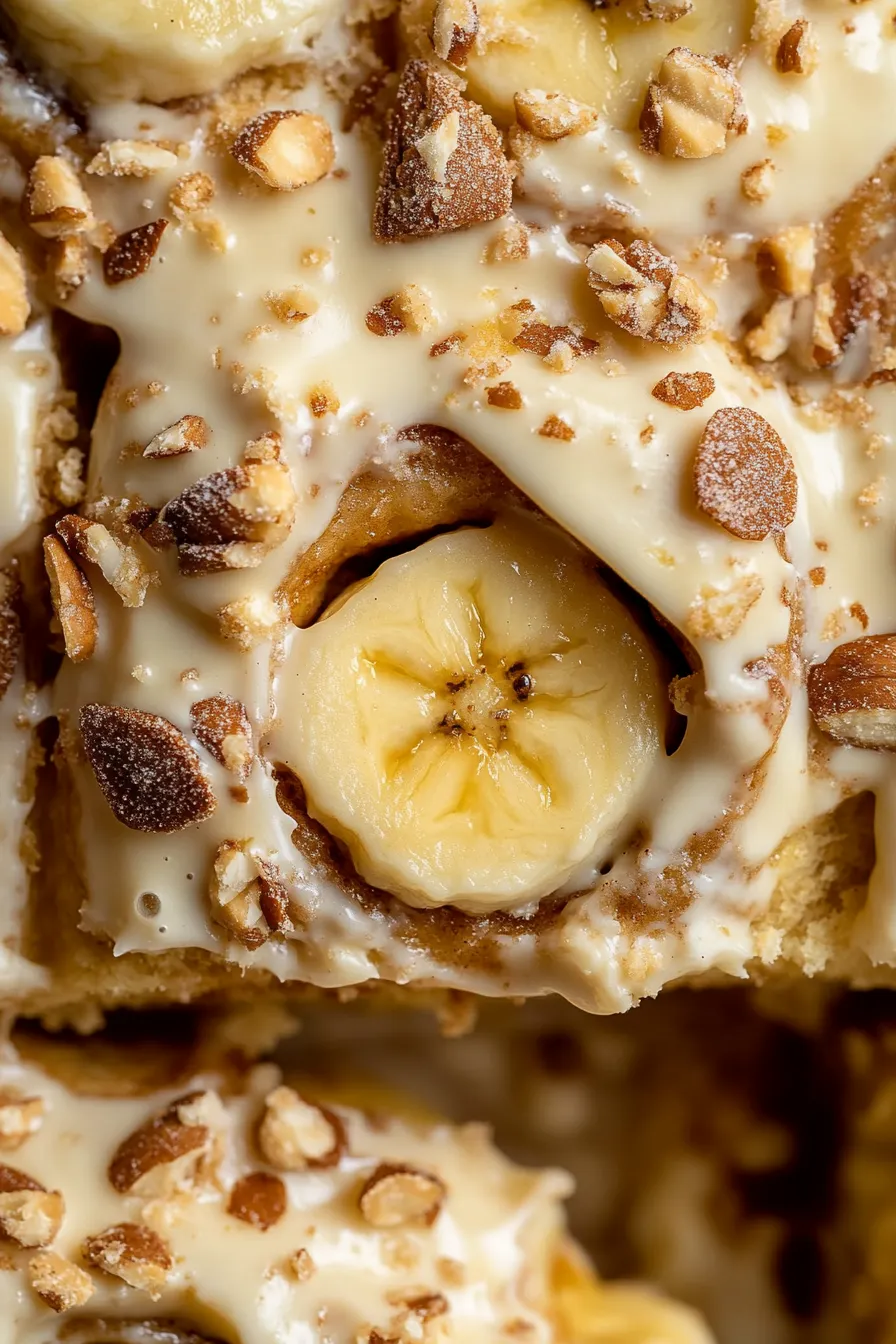 A slice of banana pudding cinnamon rolls.