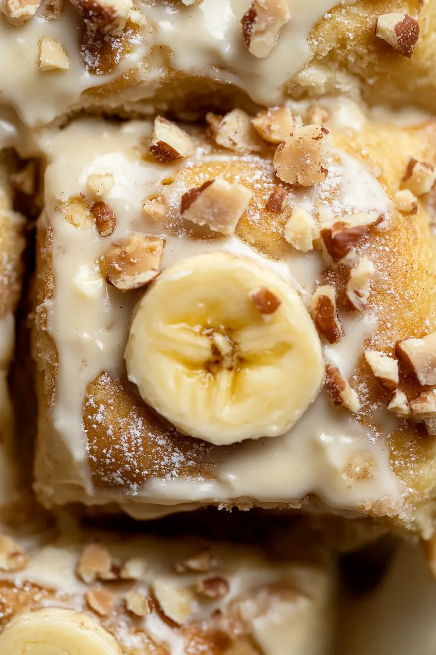 A slice of banana pudding cinnamon rolls.