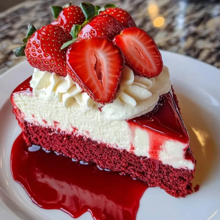 A slice of red velvet cheesecake with strawberries on top.