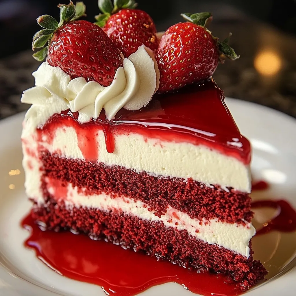 A slice of red velvet cheesecake with strawberries on top.
