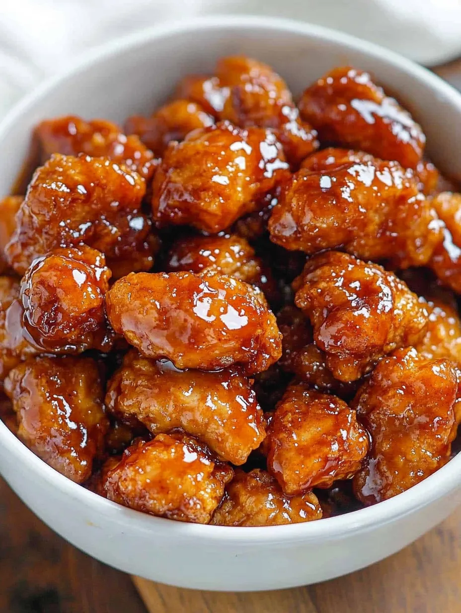 A bowl of orange chicken with a sauce.