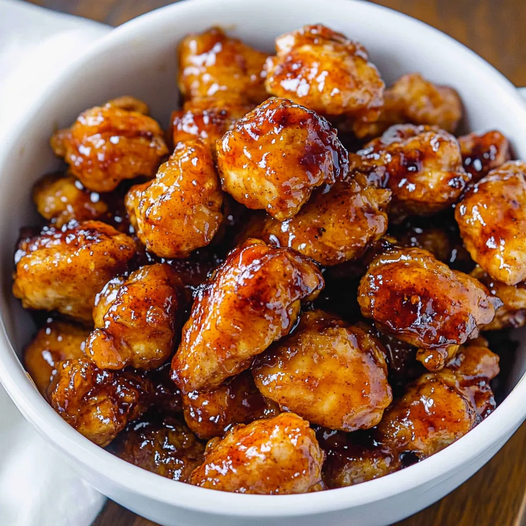 A bowl of chicken with orange sauce.