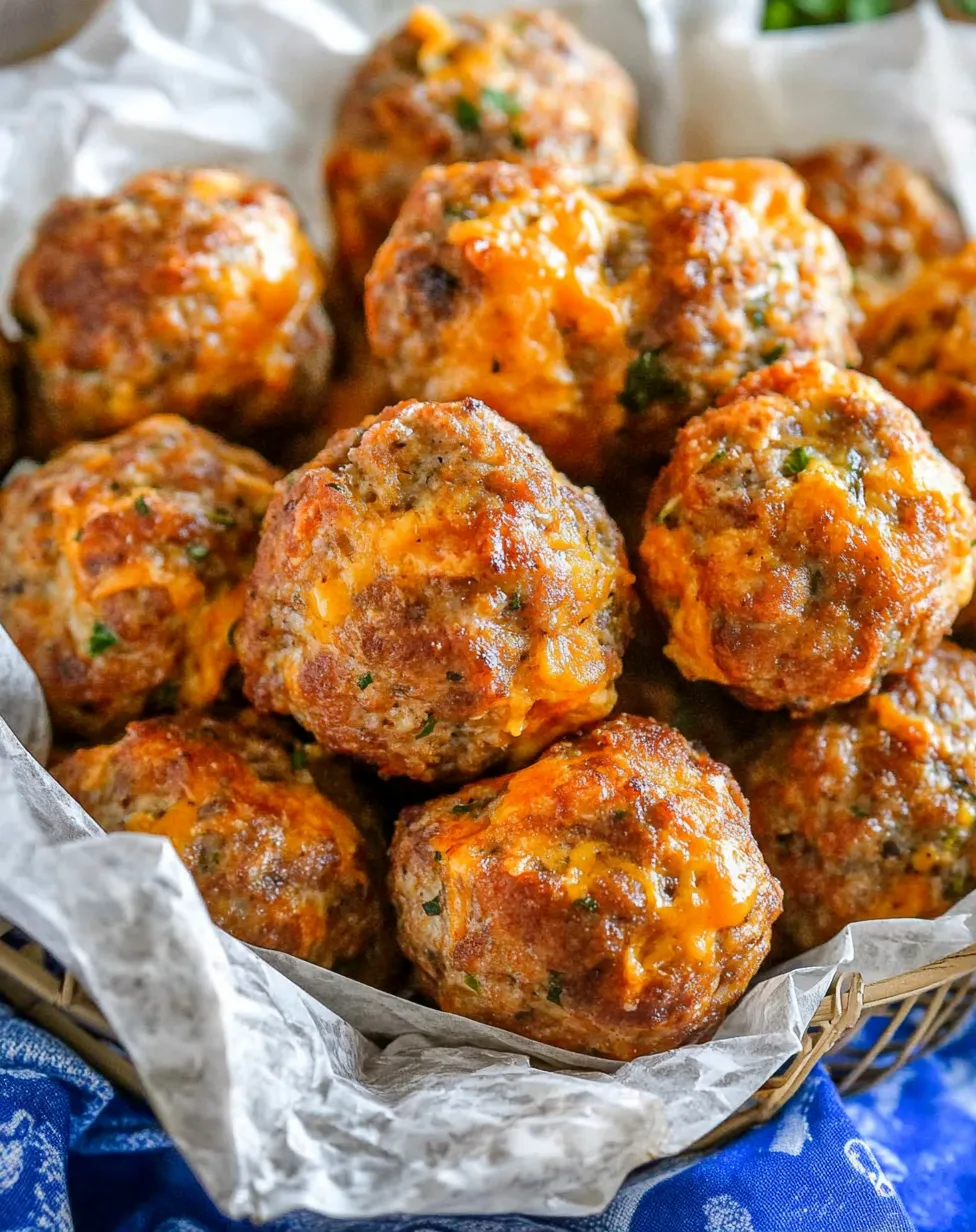 A basket of sausage balls with cheese.