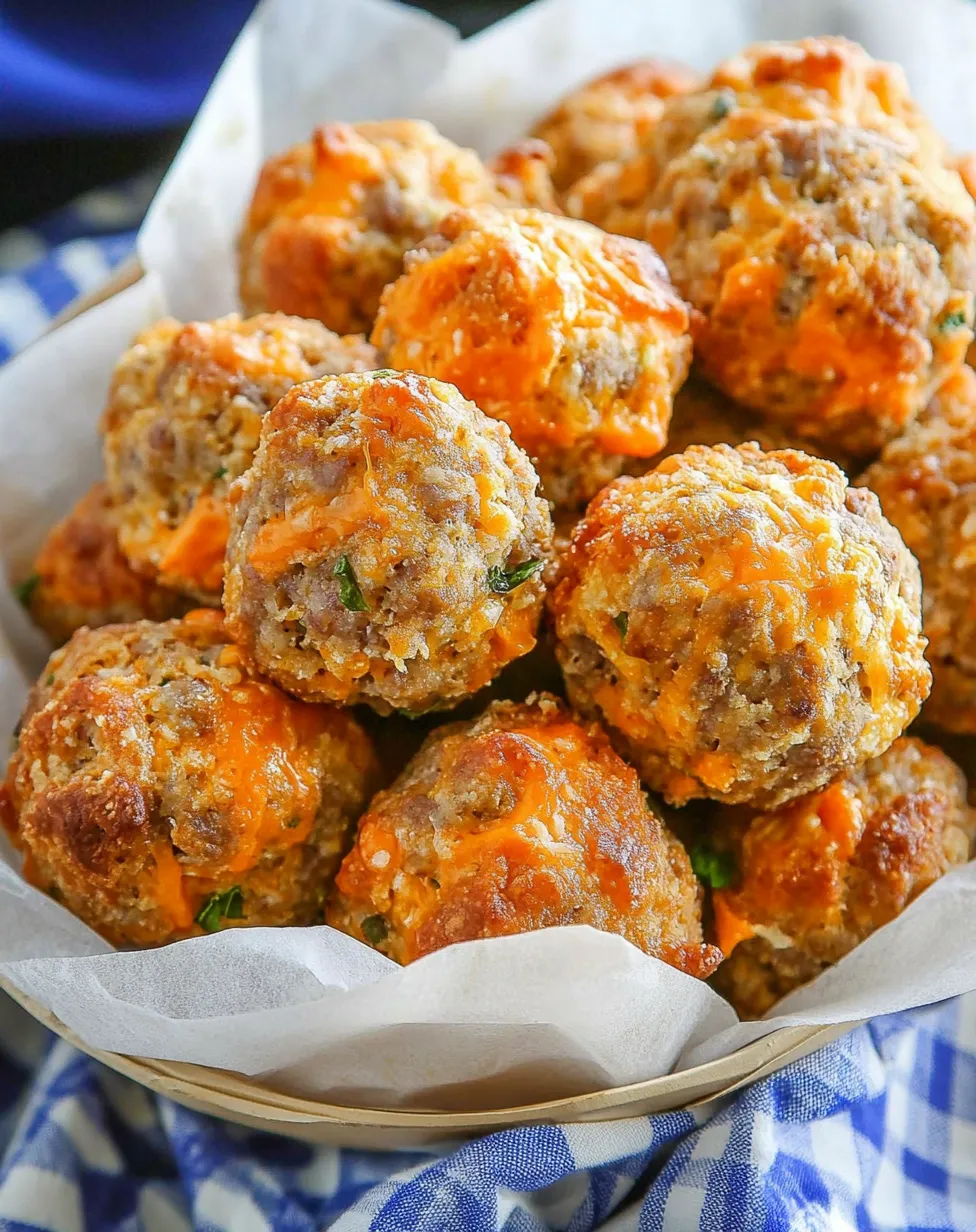 A basket of sausage balls with cheese on top.
