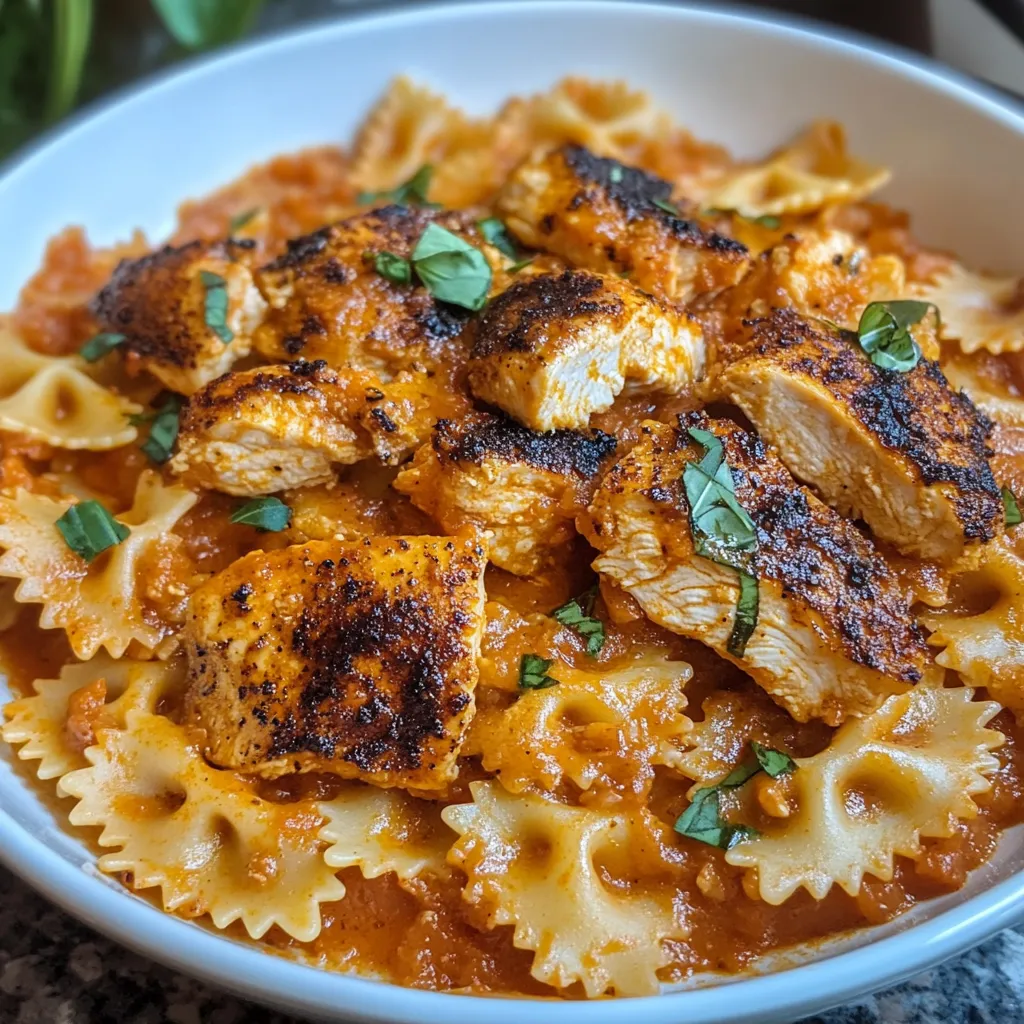 A bowl of chicken and pasta.