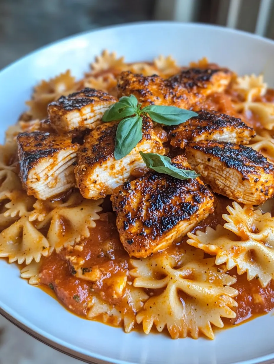 A plate of chicken and pasta.