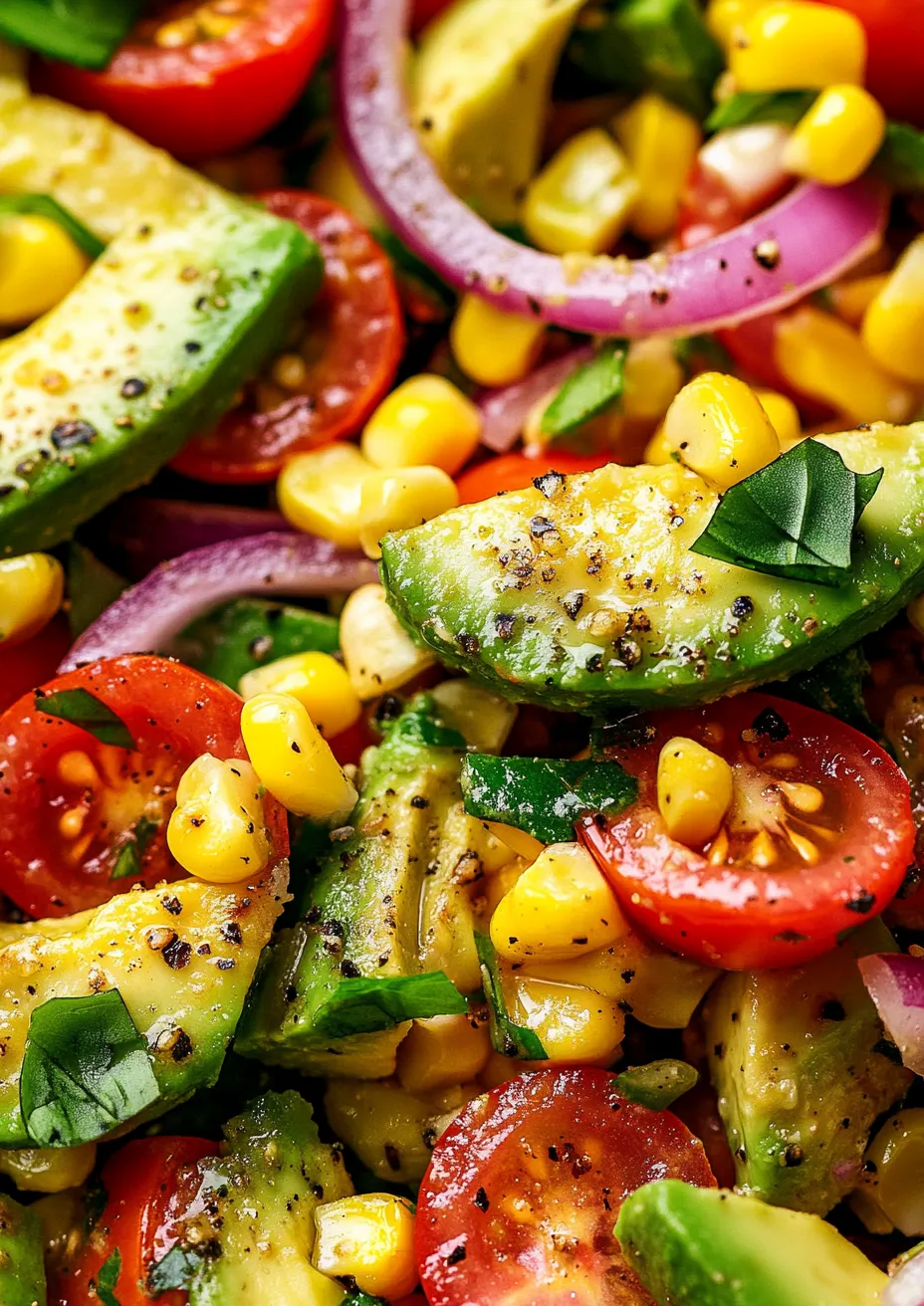 A salad made of avocado, tomato, corn and onion.