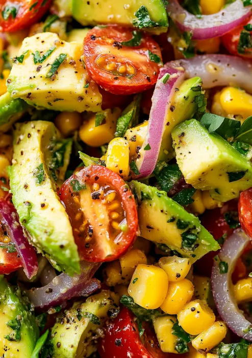 A salad made of avocado, tomato, corn and onion.