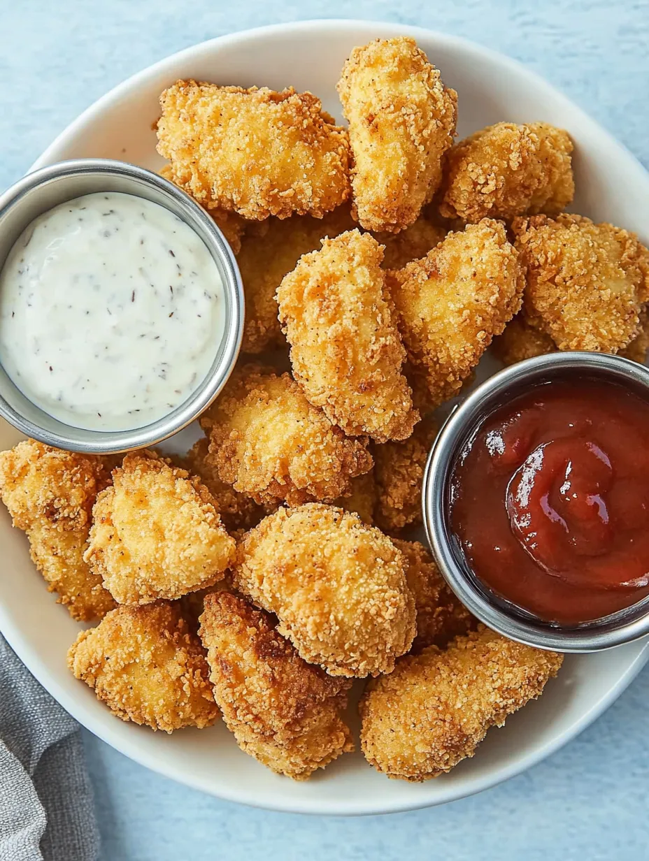 A bowl of air fryer chicken nuggets with a side of dipping sauce.