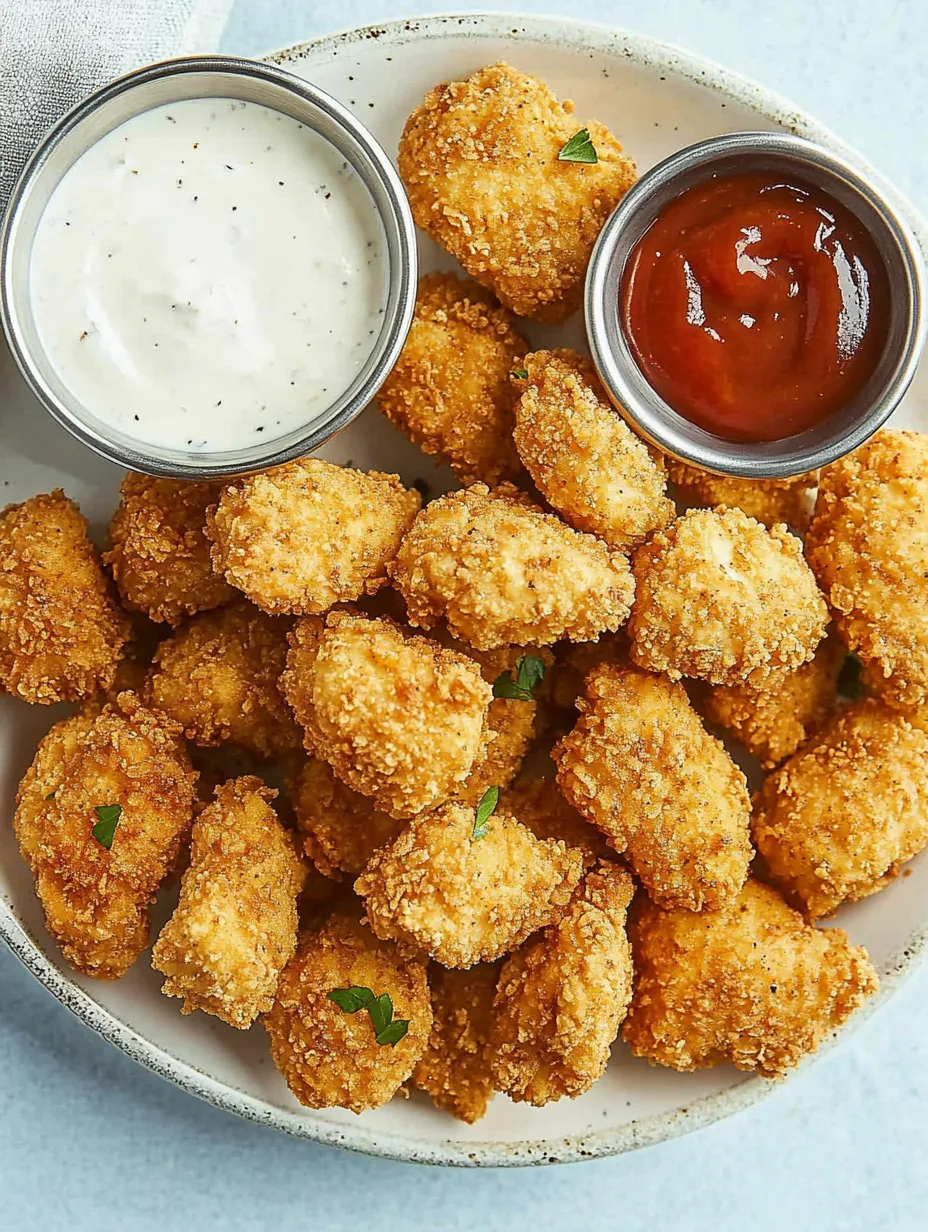 A plate of air fryer chicken nuggets with a dipping sauce.