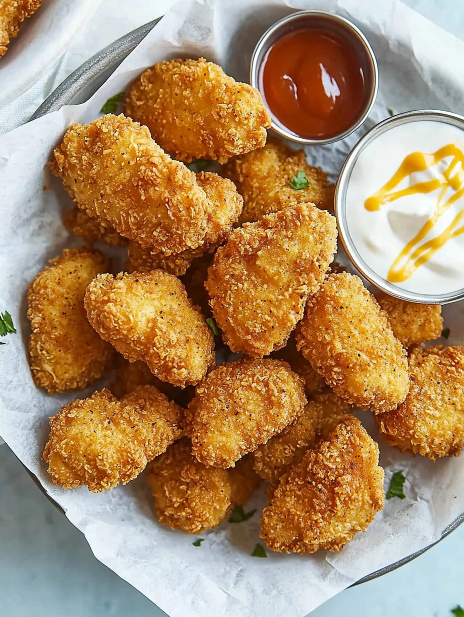 A plate of air fryer chicken nuggets with a dipping sauce.